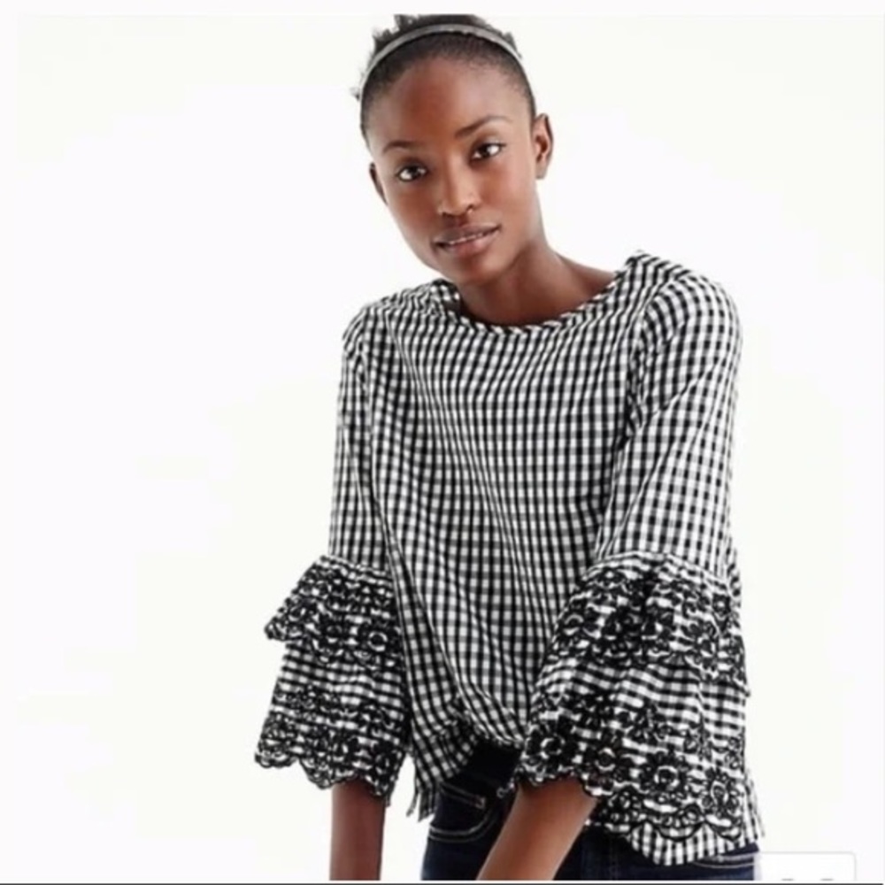 J. Crew Black and White Gingham Plaid Tiered Bell Sleeve Blouse